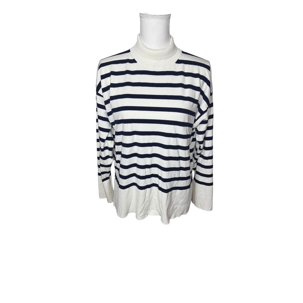 Babaton Aritzia Striped Turtleneck Sweater Ivory Navy Blue Ecovero Viscose Small